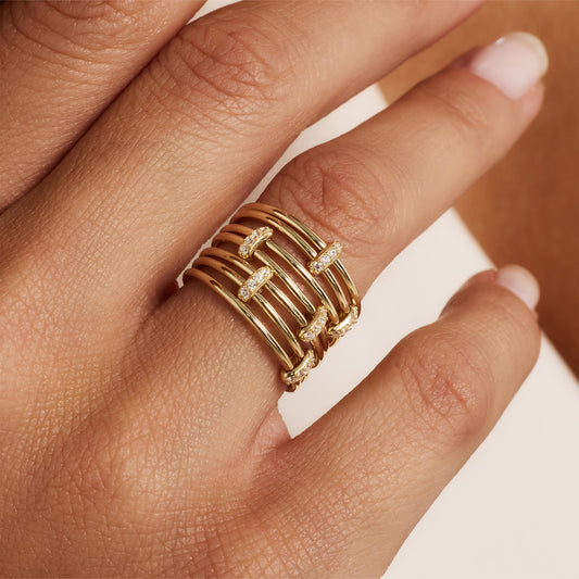 Cour d'Honneur Adora 14 karat golden 7-piece multi ring with zirconia - - Isabel Bernard