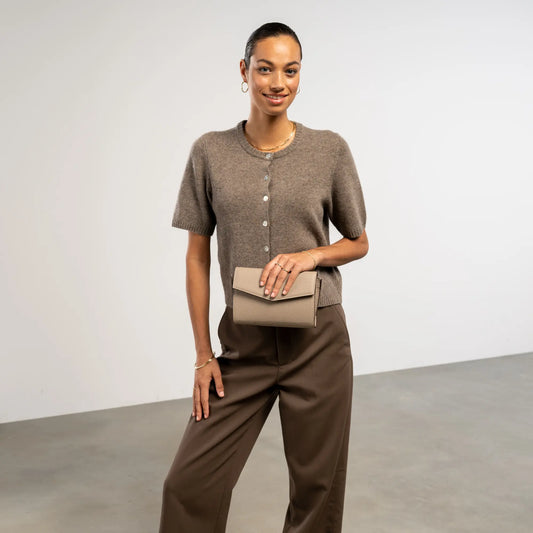 Honoré Lina Taupe Clutch With Detachable Shoulder Chain - - Isabel Bernard