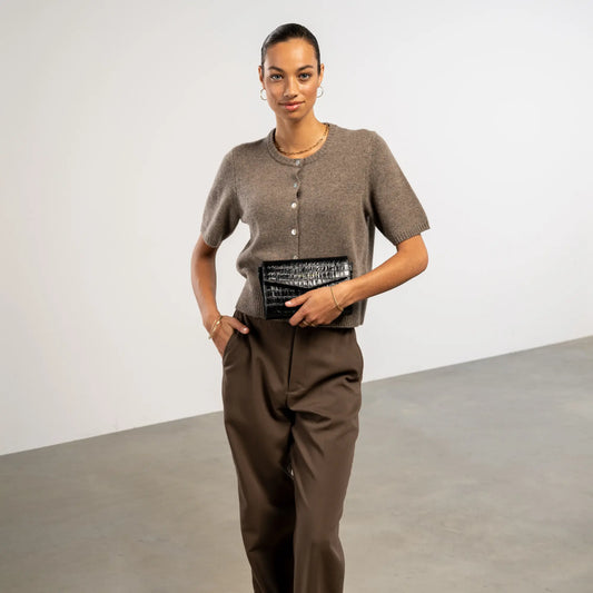 Honoré Lina Croco Black Clutch With Detachable Shoulder Chain - - Isabel Bernard