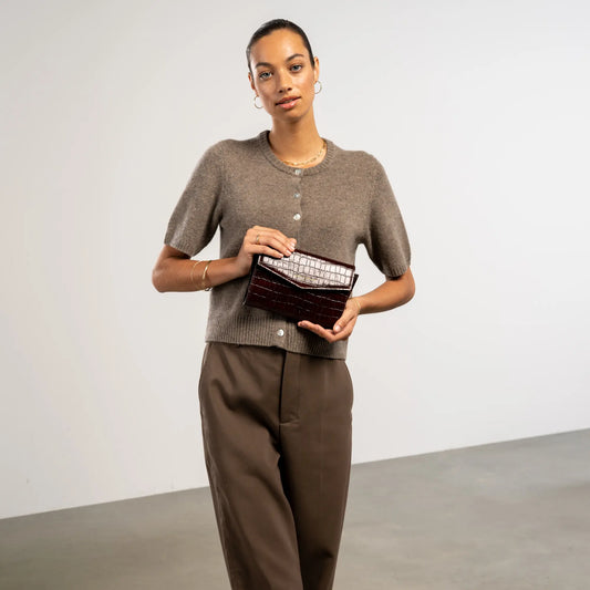 Honoré Lina Croco Brown Clutch With Detachable Shoulder Chain - - Isabel Bernard