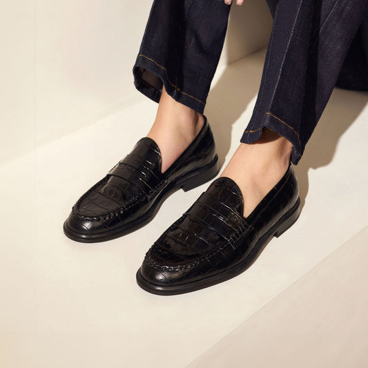 Vendôme Blandine croco black calfskin leather loafers - - Isabel Bernard