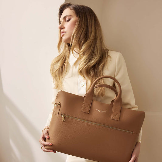 Honoré Anique camel calfskin leather handbag with 16.4 inch laptop pocket - - Isabel Bernard