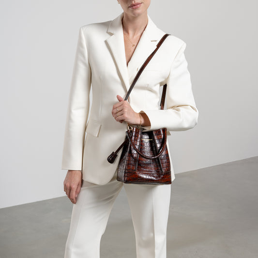 Femme Forte Minette croco brown calfskin leather handbag - - Isabel Bernard