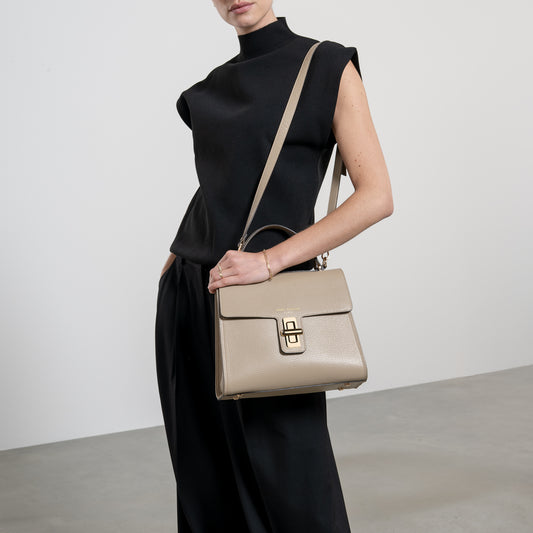 Femme Forte Simone Midi taupe leather handbag calfskin leather - - Isabel Bernard