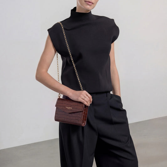 Honoré Lina Croco Brown Clutch With Detachable Shoulder Chain - - Isabel Bernard