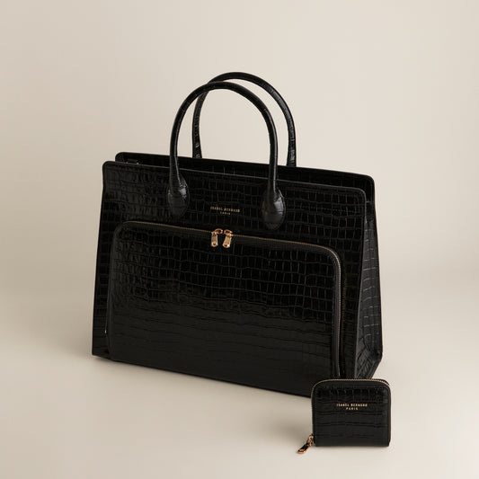 Cadeau d'Isabel croco black calfskin leather handbag and wallet set - - Isabel Bernard