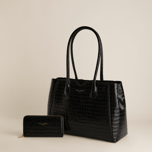 Cadeau d'Isabel croco black calfskin leather handbag and wallet set - - Isabel Bernard
