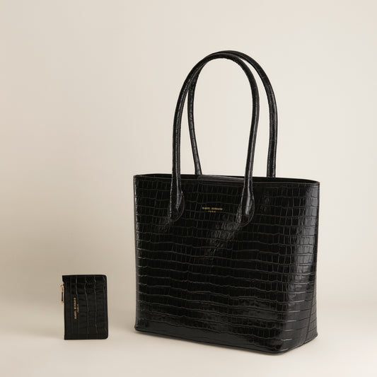 Cadeau d'Isabel croco black calfskin leather shopper & cardholder set - - Isabel Bernard