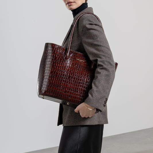 Cadeau d'Isabel croco brown calfskin leather shopper and wallet set - - Isabel Bernard