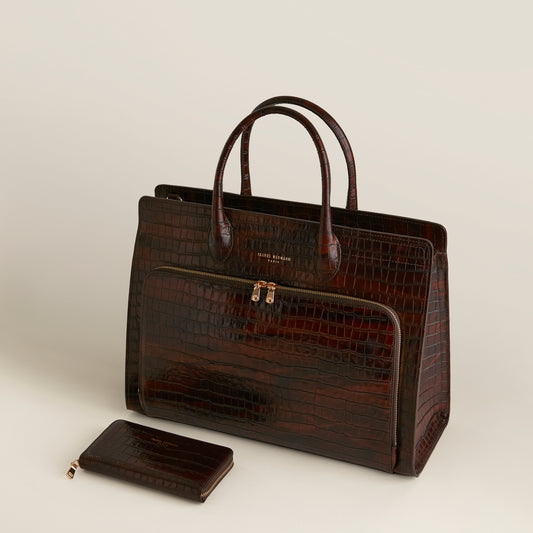 Cadeau d'Isabel croco brown calfskin leather handbag and wallet set - - Isabel Bernard