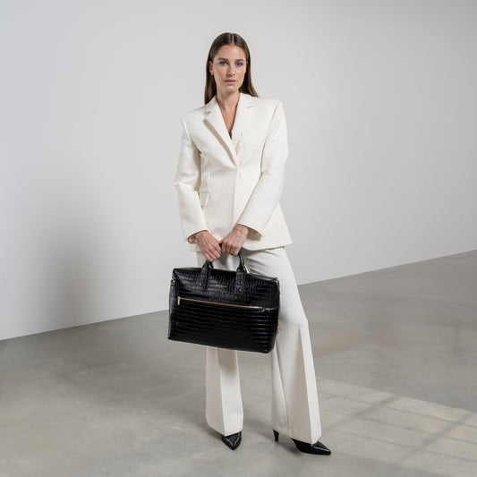 Honoré Anique croco black leather handbag with 16.4 inch laptop pocket - - Isabel Bernard