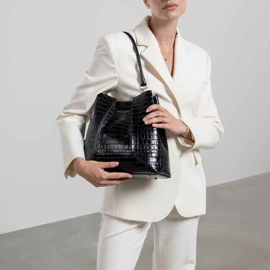Femme Forte Macie croco black calfskin leather handbag - - Isabel Bernard