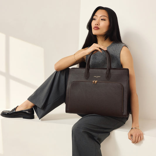 Honoré Nadine brown calfskin leather handbag with 16.4 inch laptop pocket - - Isabel Bernard