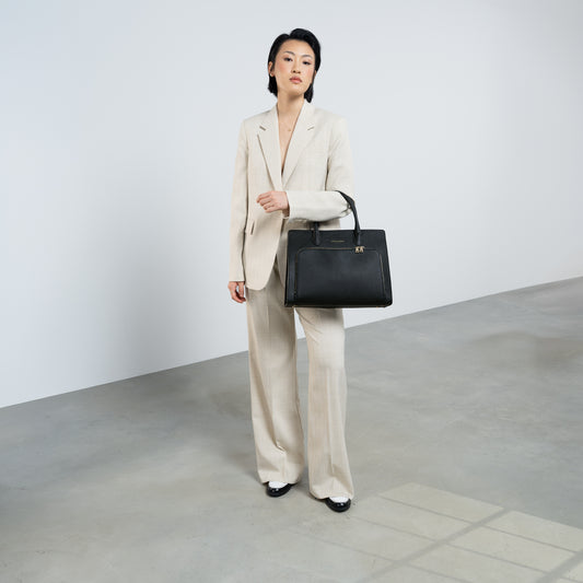 Honoré Nadine black calfskin leather handbag with 13 inch laptop pocket - - Isabel Bernard