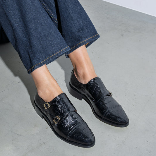 Vendôme Sophie croco black calfskin leather double monk shoes - - Isabel Bernard