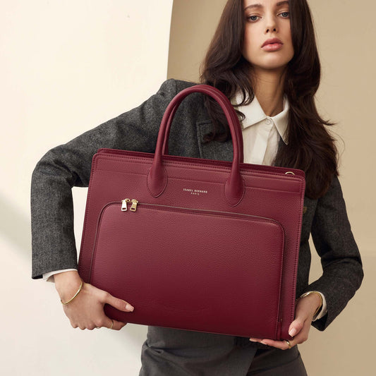 Honoré Nadine bordeaux red calfskin leather handbag with 16.4 inch laptop pocket - - Isabel Bernard