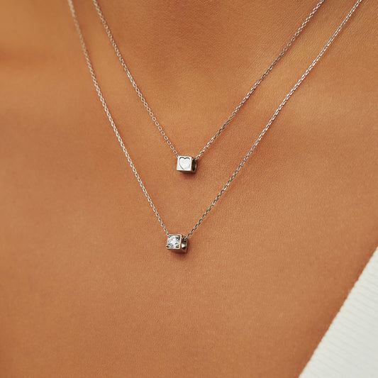 Cadeau d'Isabel 14 karat white gold necklace cube charm with zirconia - - Isabel Bernard