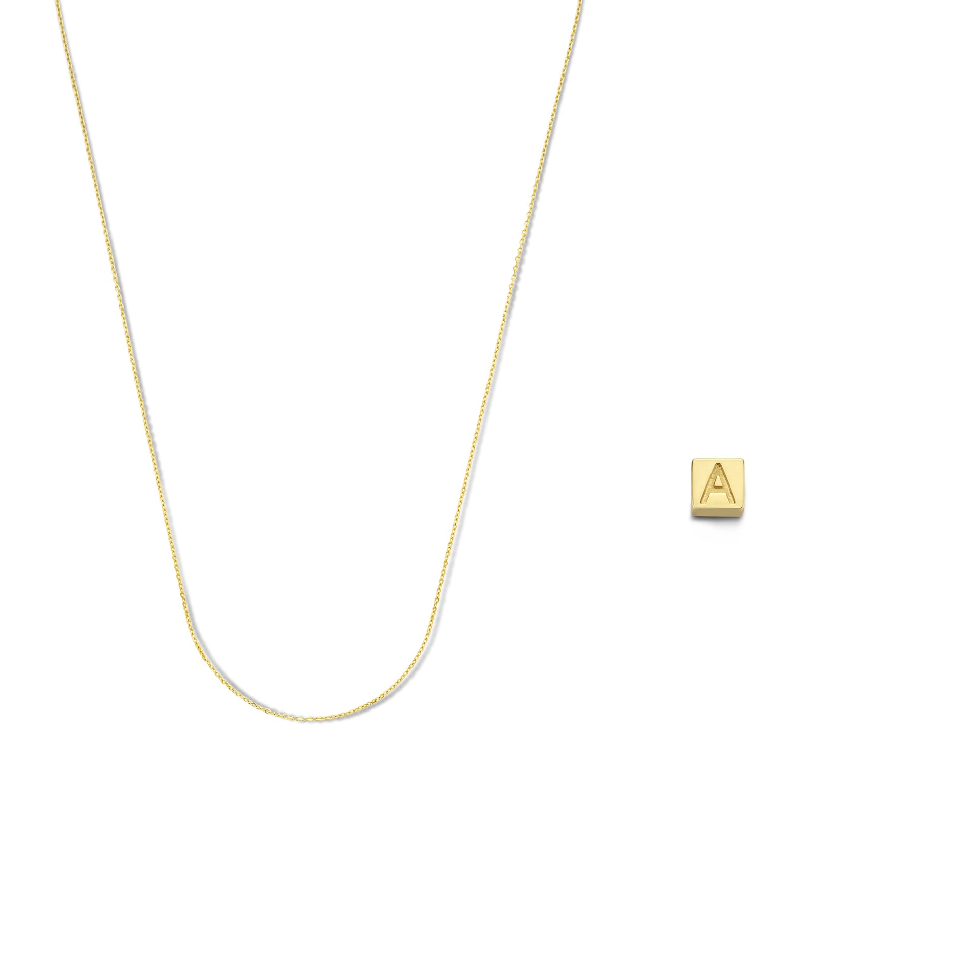 Cadeau d'Isabel 14 karaat gouden kubus initial bedel en ketting