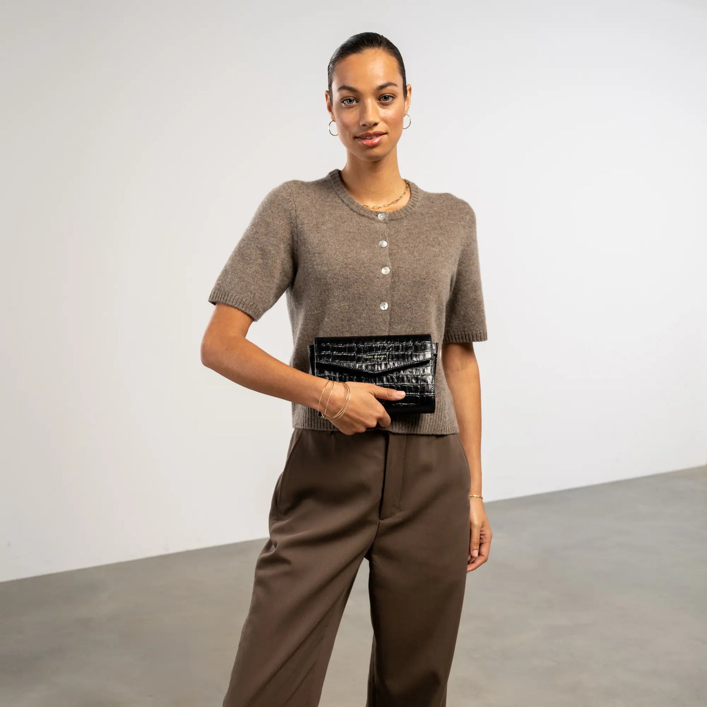 Honoré Lina Croco Black Clutch With Detachable Shoulder Chain - - Isabel Bernard