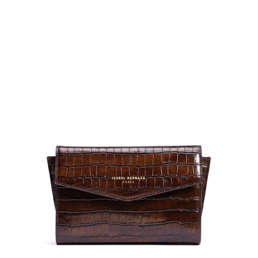 Honoré Lina Croco Brown Clutch With Detachable Shoulder Chain - - Isabel Bernard