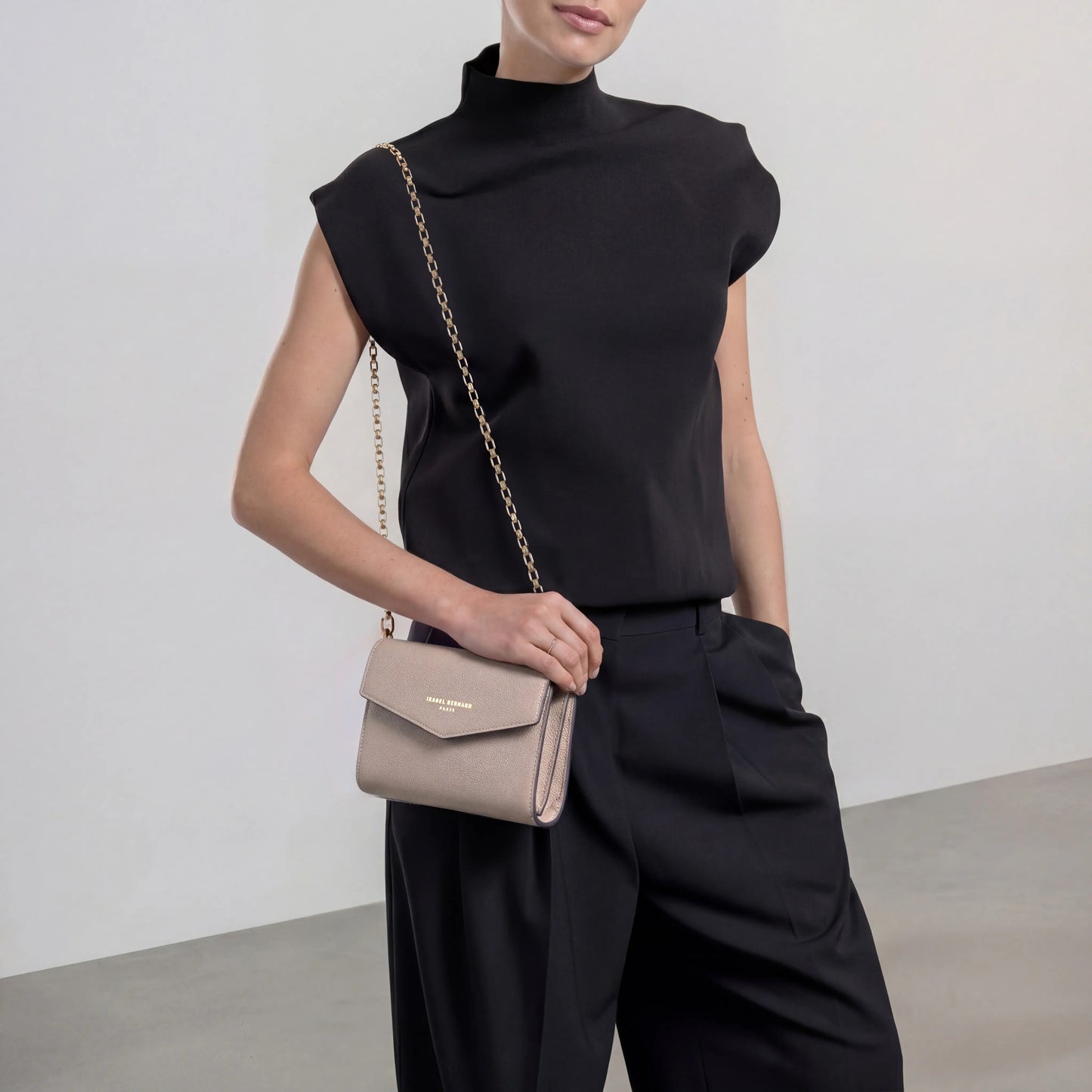 Honoré Lina Taupe Clutch With Detachable Shoulder Chain - - Isabel Bernard