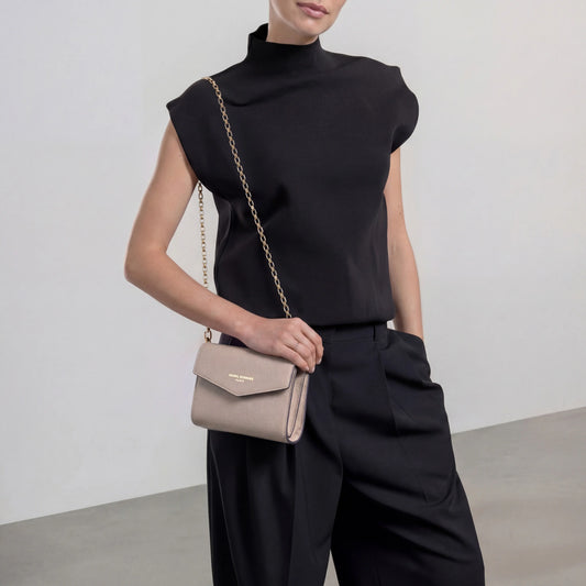 Honoré Lina Taupe Clutch With Detachable Shoulder Chain - - Isabel Bernard