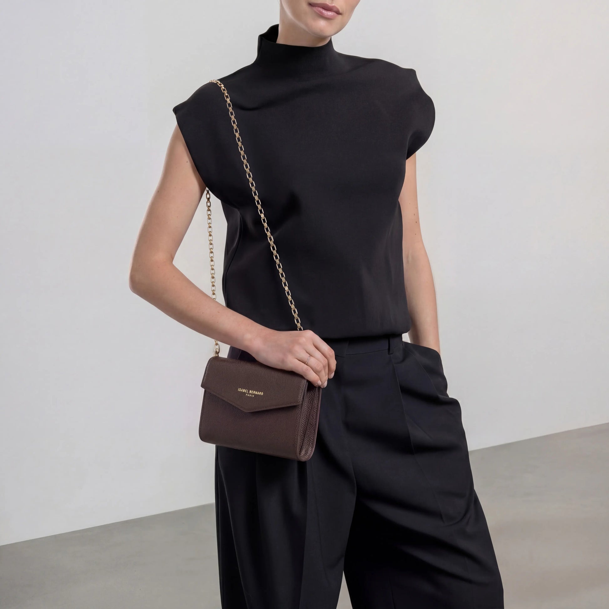 Honoré Lina Dark Brown Clutch With Detachable Shoulder Chain - - Isabel Bernard