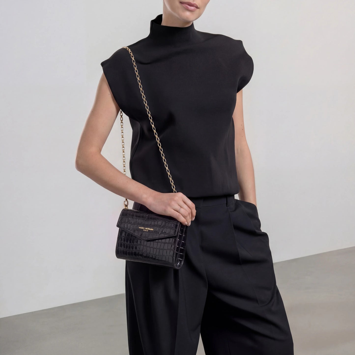 Honoré Lina Croco Black Clutch With Detachable Shoulder Chain - - Isabel Bernard