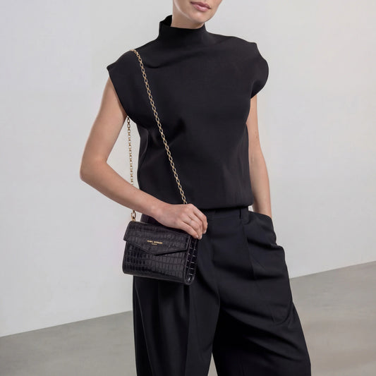 Honoré Lina Croco Black Clutch With Detachable Shoulder Chain - - Isabel Bernard