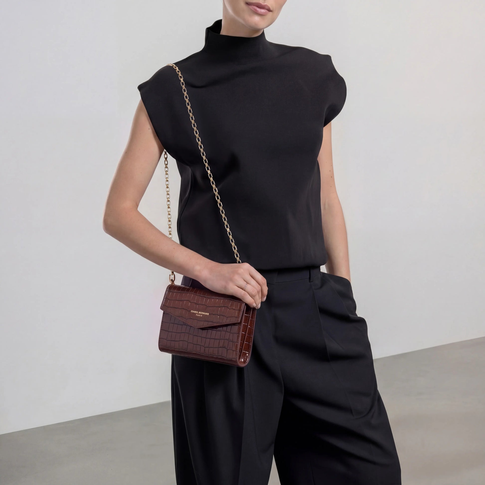 Honoré Lina Croco Brown Clutch With Detachable Shoulder Chain - - Isabel Bernard