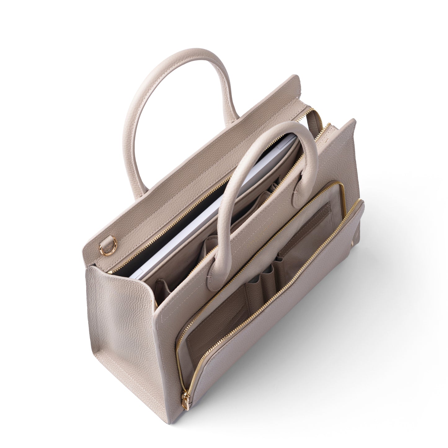 Honoré Nadine taupe calfskin leather handbag with 13 inch laptop pocket - - Isabel Bernard