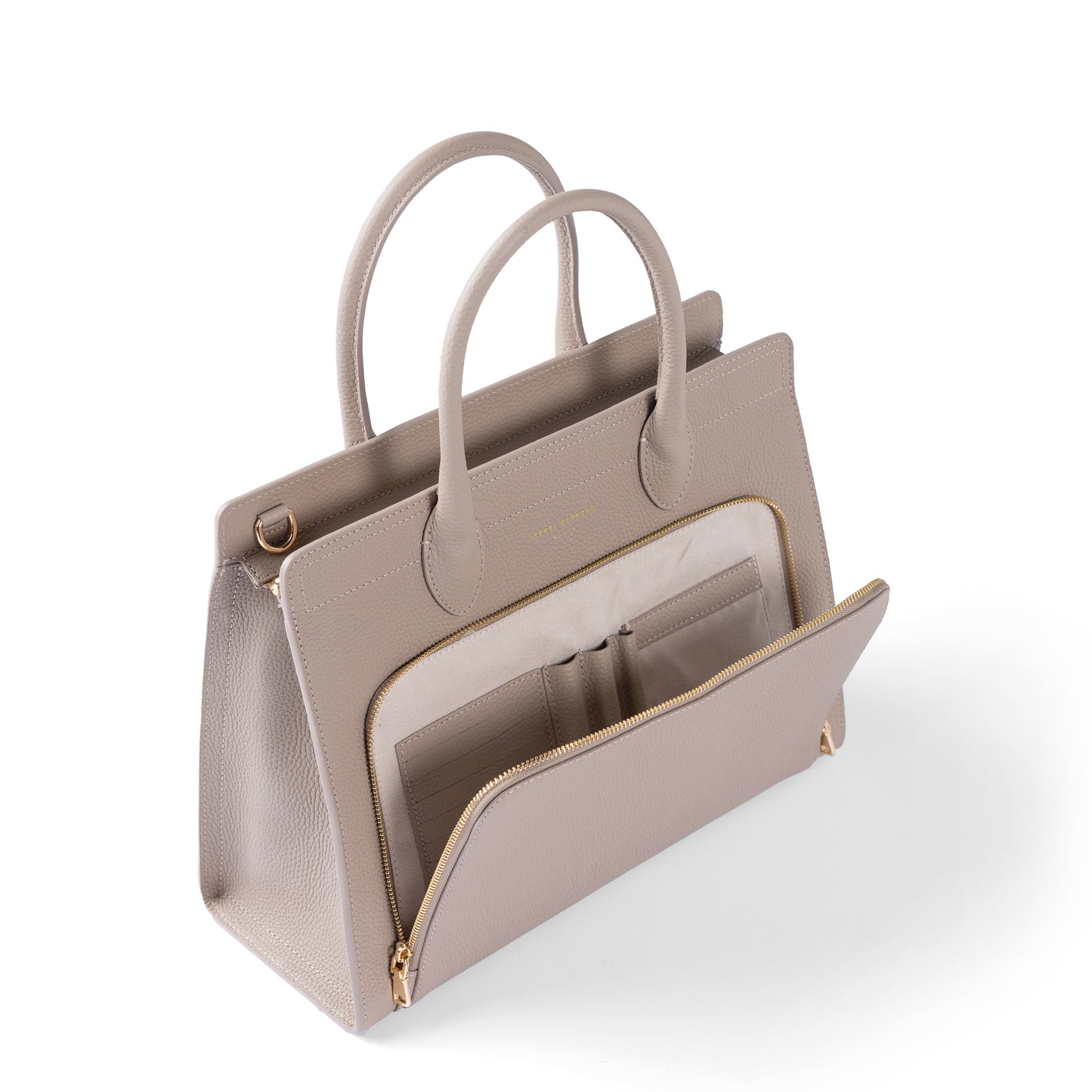 Honoré Nadine taupe calfskin leather handbag with 13 inch laptop pocket - - Isabel Bernard