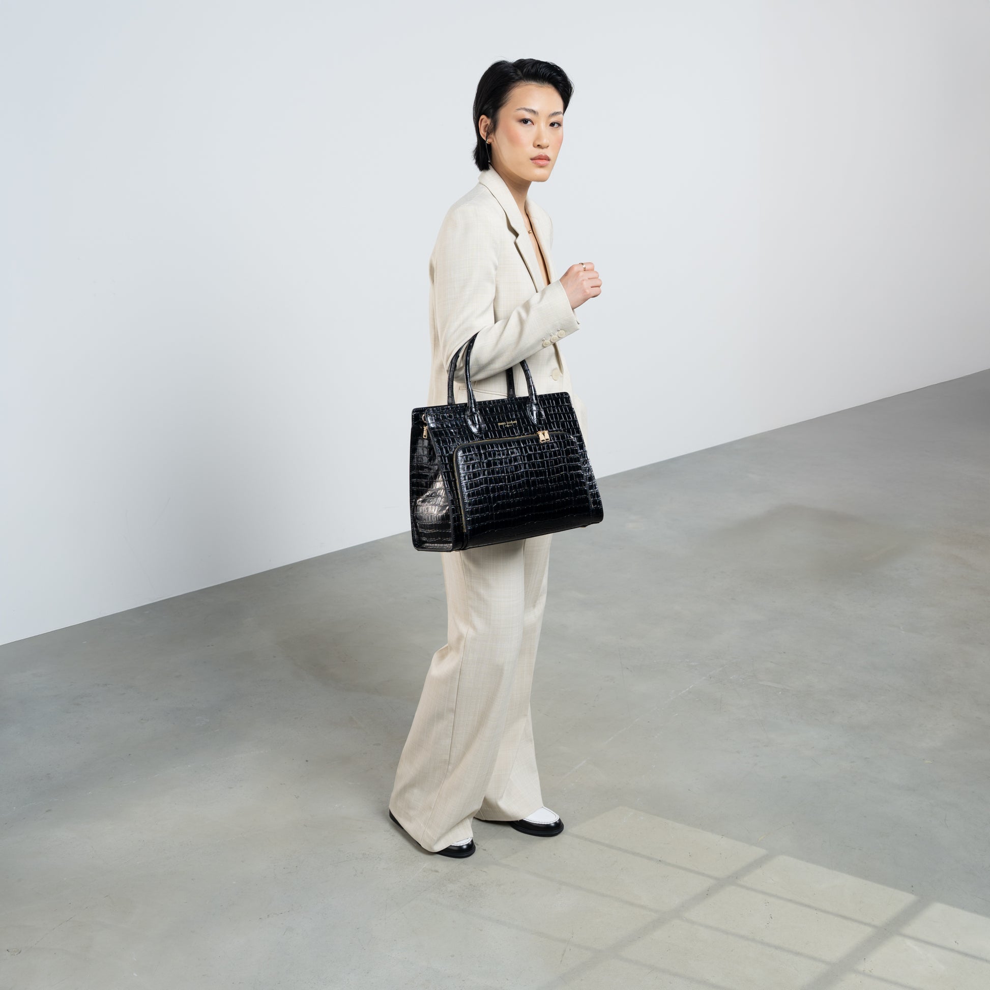 Honoré Nadine croco black leather handbag with 13 inch laptop pocket - - Isabel Bernard