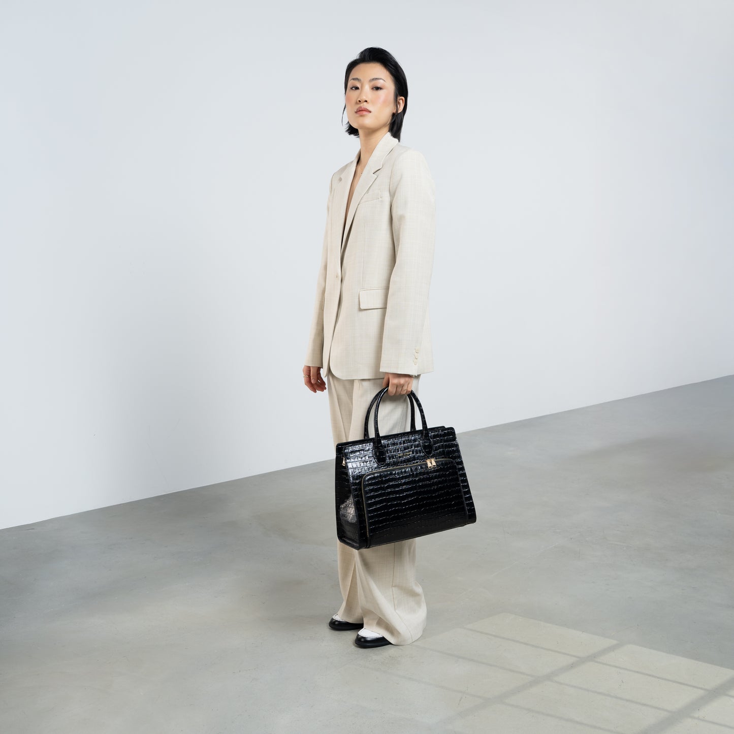 Honoré Nadine croco black leather handbag with 13 inch laptop pocket - - Isabel Bernard