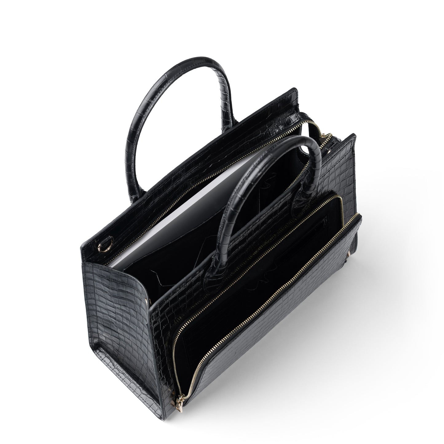 Honoré Nadine croco black leather handbag with 13 inch laptop pocket - - Isabel Bernard