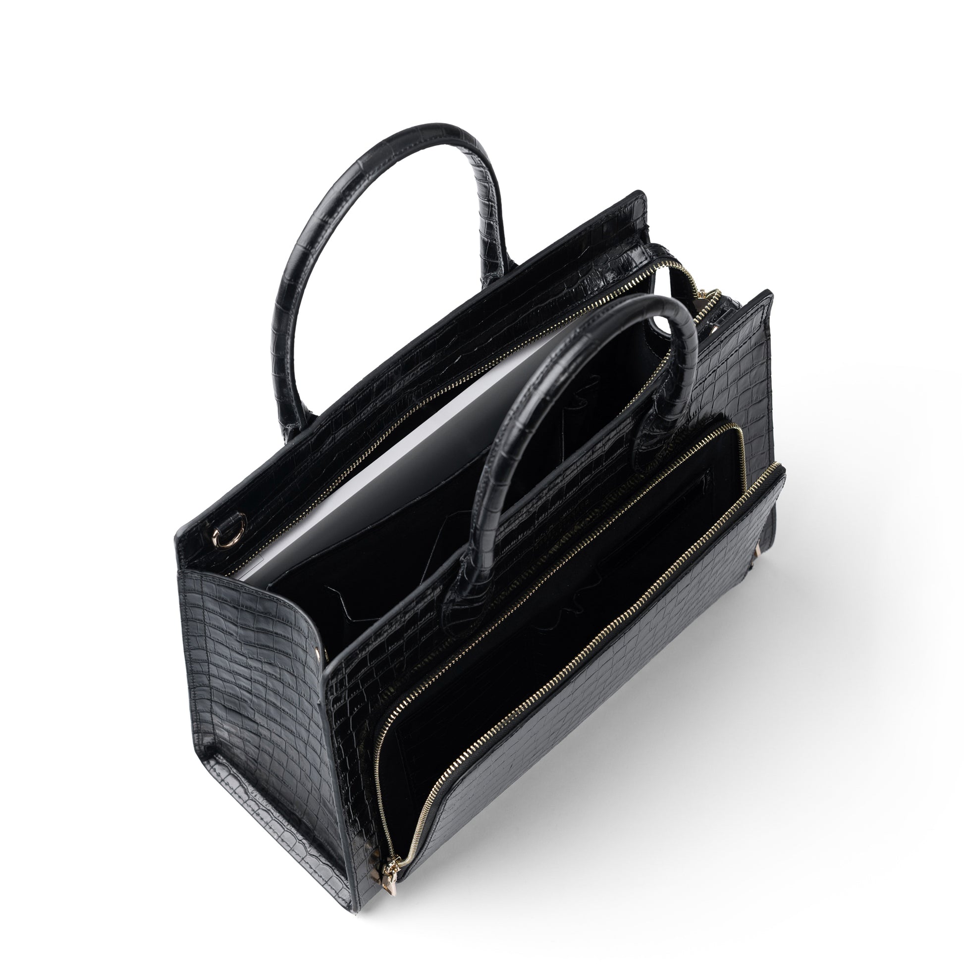 Honoré Nadine croco black leather handbag with 13 inch laptop pocket - - Isabel Bernard