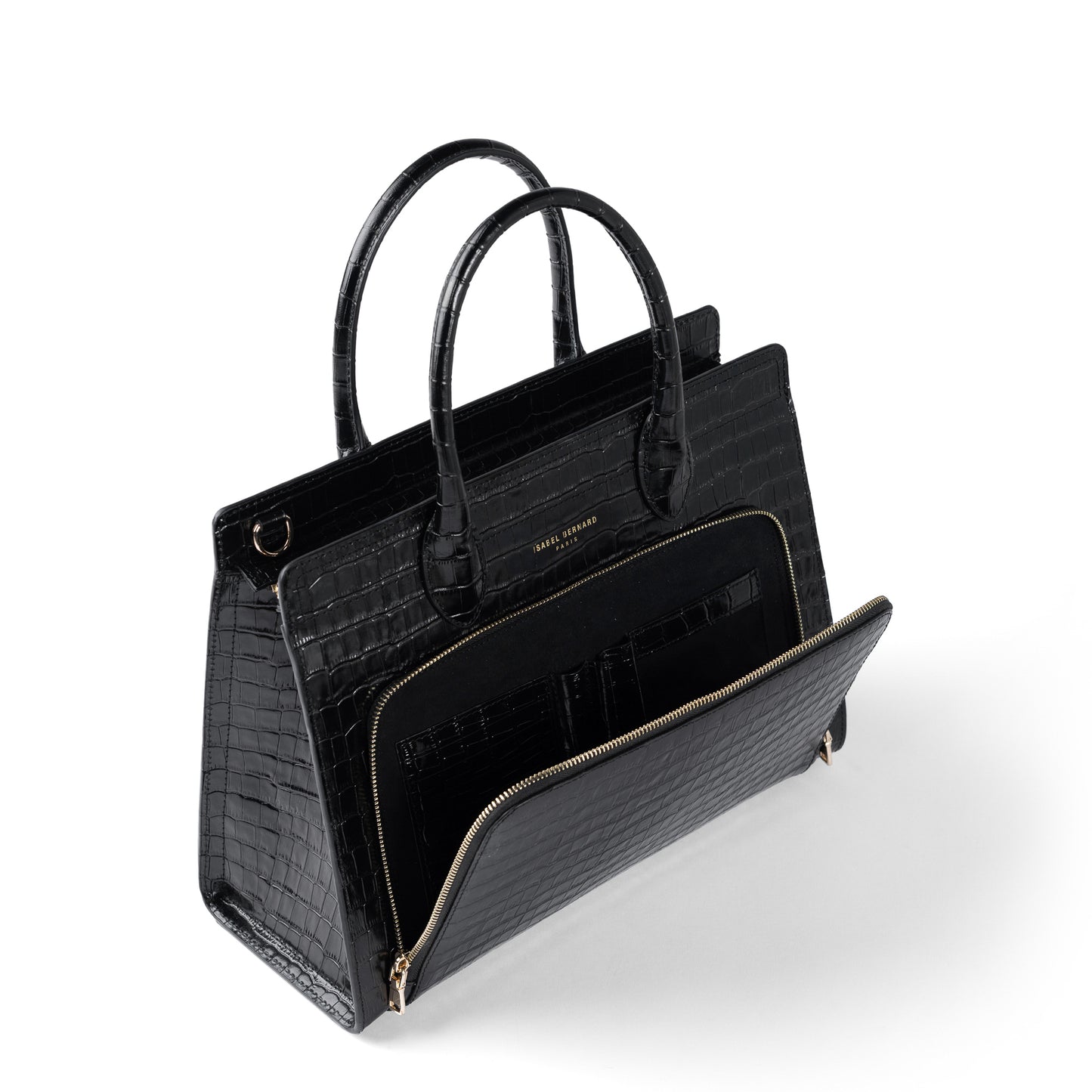 Honoré Nadine croco black leather handbag with 13 inch laptop pocket - - Isabel Bernard