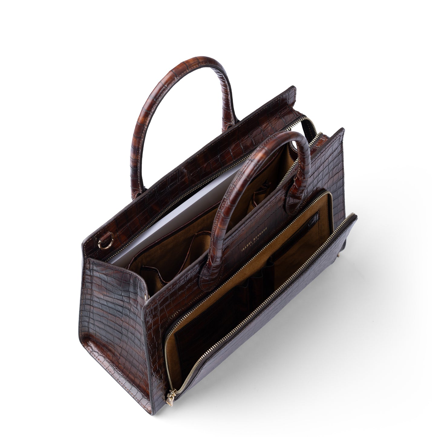 Honoré Nadine croco brown leather handbag with 13 inch laptop pocket - - Isabel Bernard