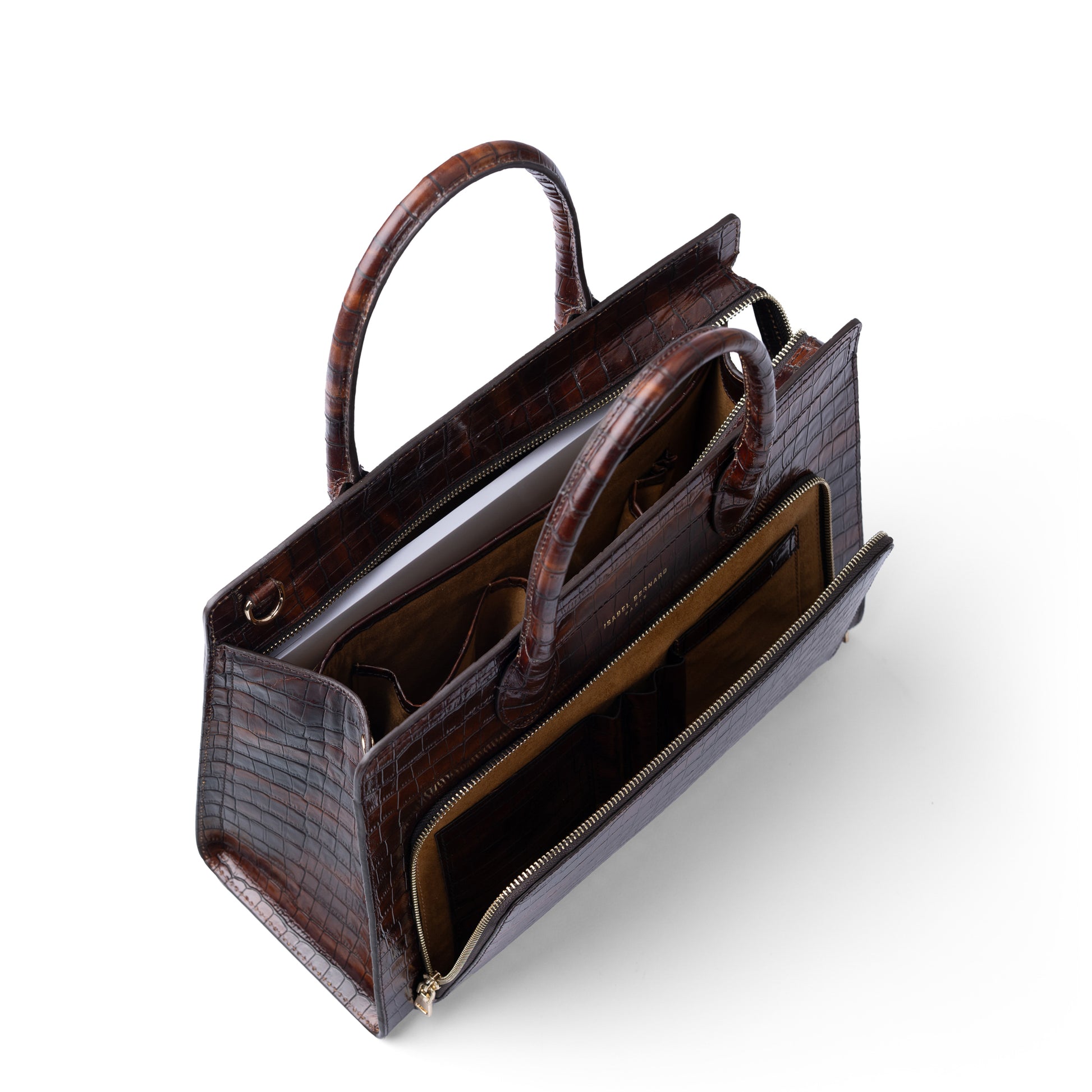 Honoré Nadine croco brown leather handbag with 13 inch laptop pocket - - Isabel Bernard