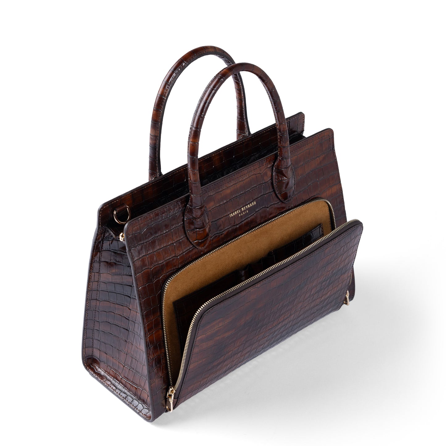 Honoré Nadine croco brown leather handbag with 13 inch laptop pocket - - Isabel Bernard