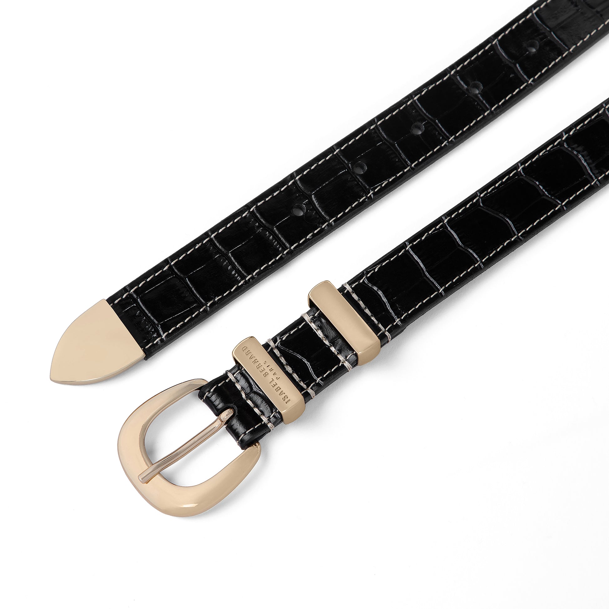 Rêveur Mathilde Croco Black calfskin belt with gold-coloured buckle - - Isabel Bernard