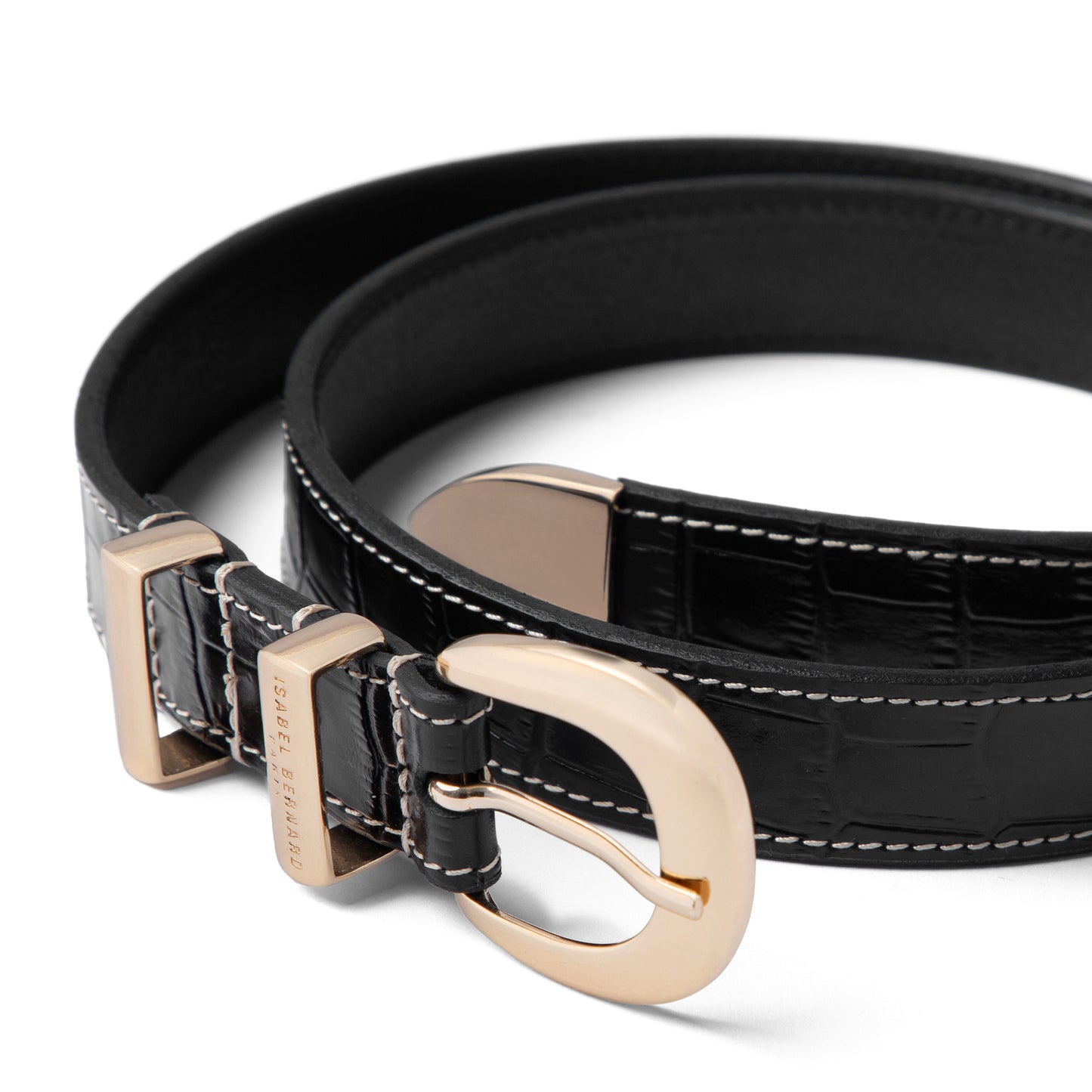 Rêveur Mathilde Croco Black calfskin belt with gold-coloured buckle - - Isabel Bernard