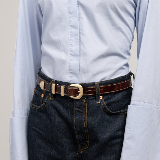 Rêveur Mathilde Croco Brown calfskin belt with gold-coloured buckle - - Isabel Bernard