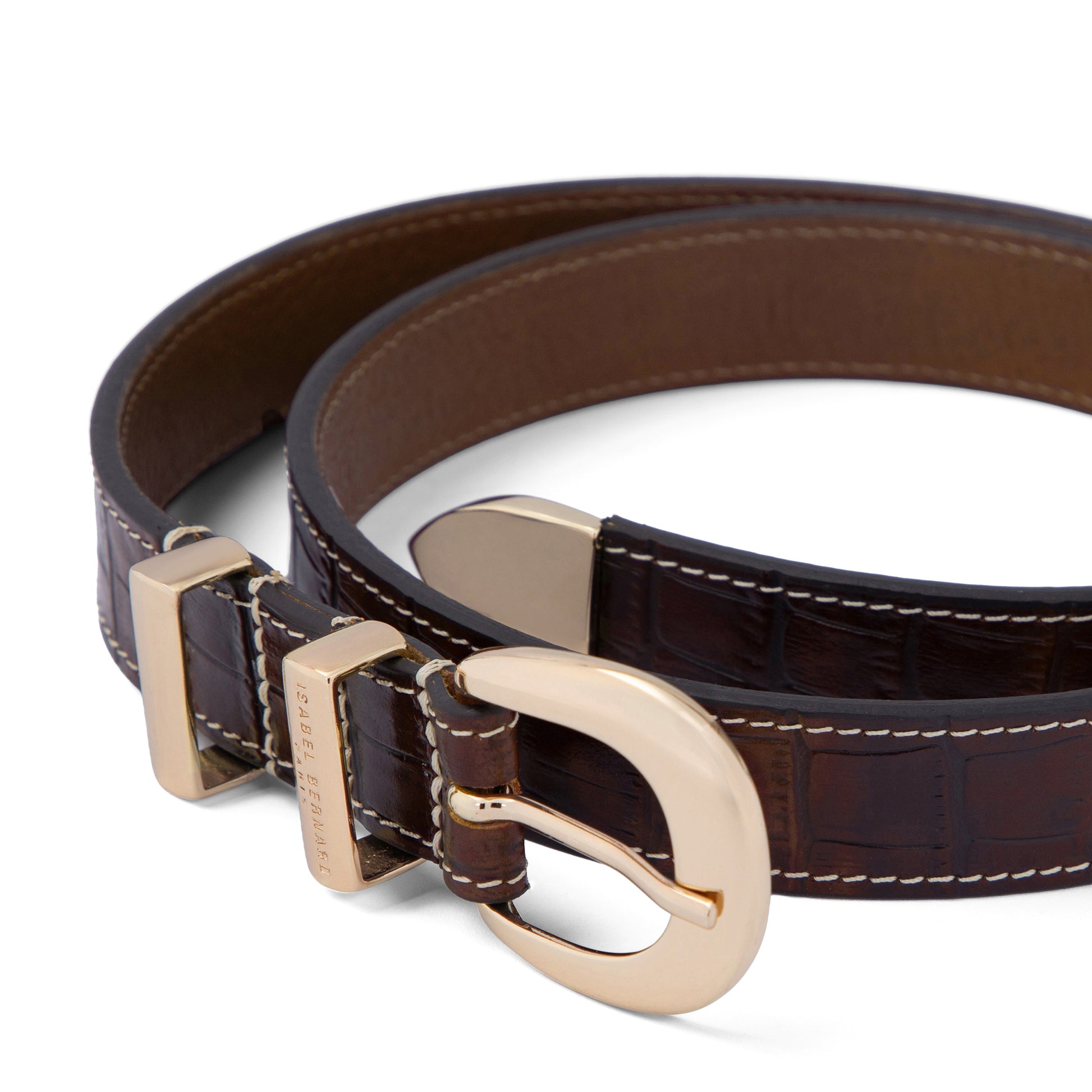 Rêveur Mathilde Croco Brown calfskin belt with gold-coloured buckle - - Isabel Bernard