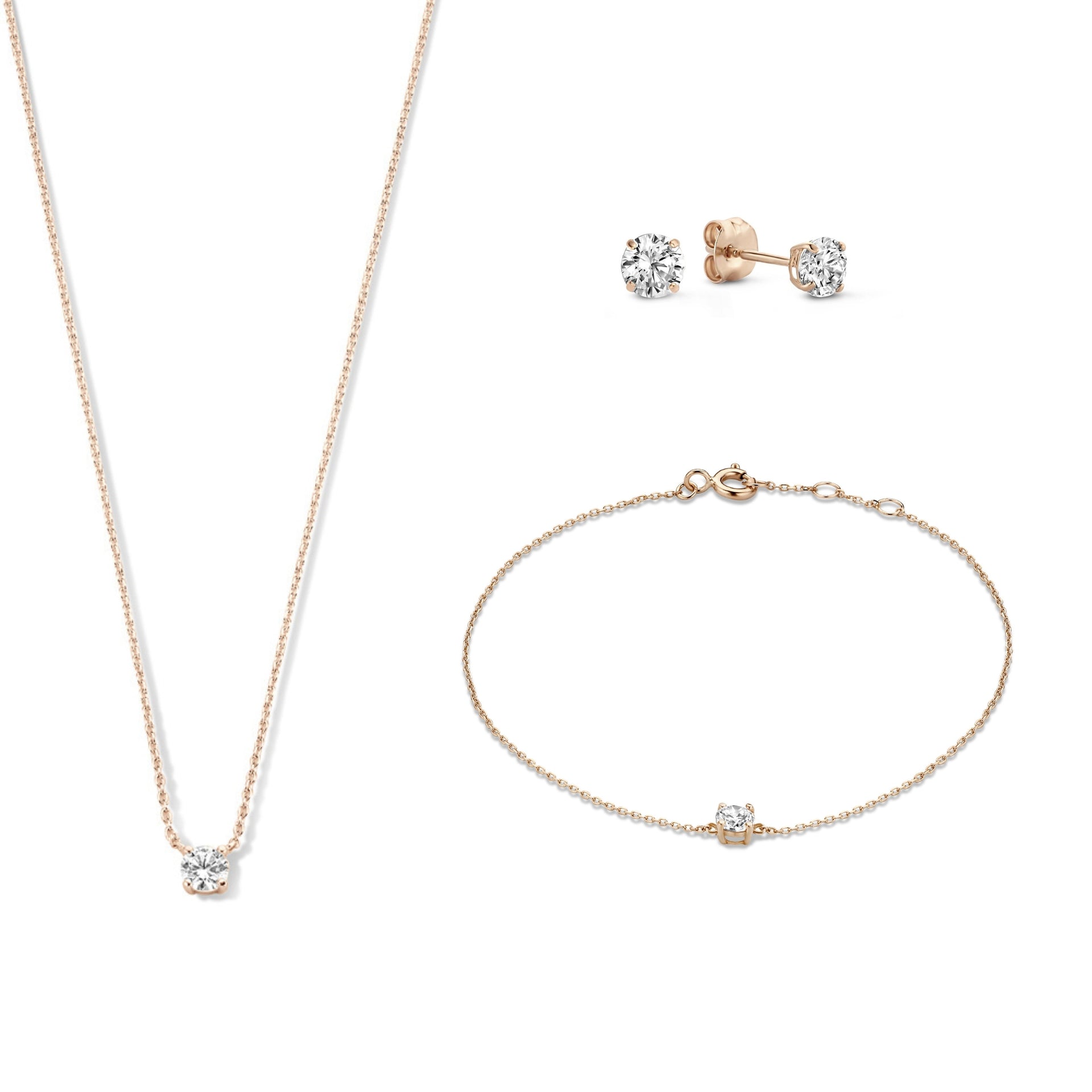 Cadeau d'Isabel 14-karaats roségouden ketting-, armband- en oorknopjesset met zirkonia
