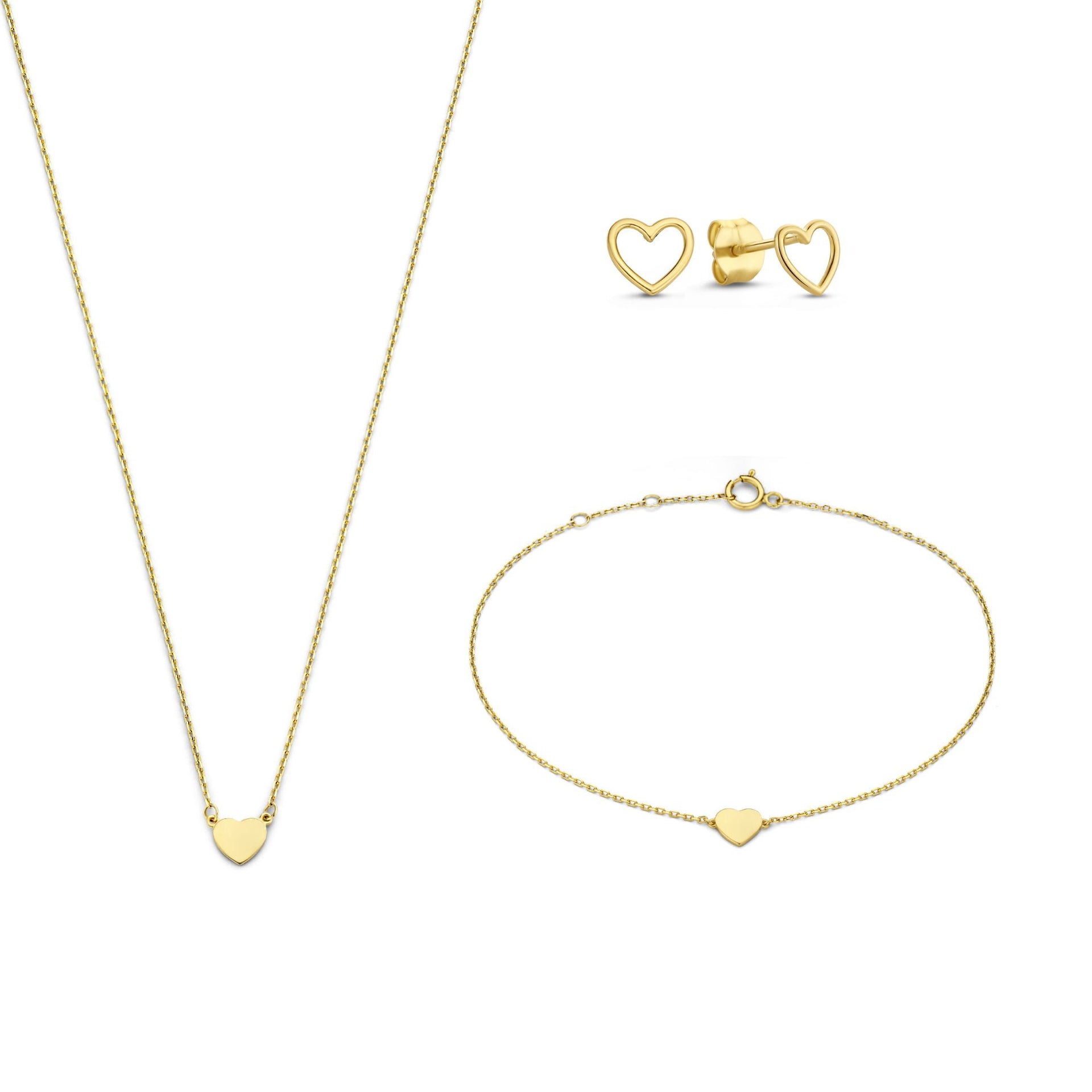 Cadeau d'Isabel 14-karaats gouden ketting-, armband- en oorknopjesset met hart