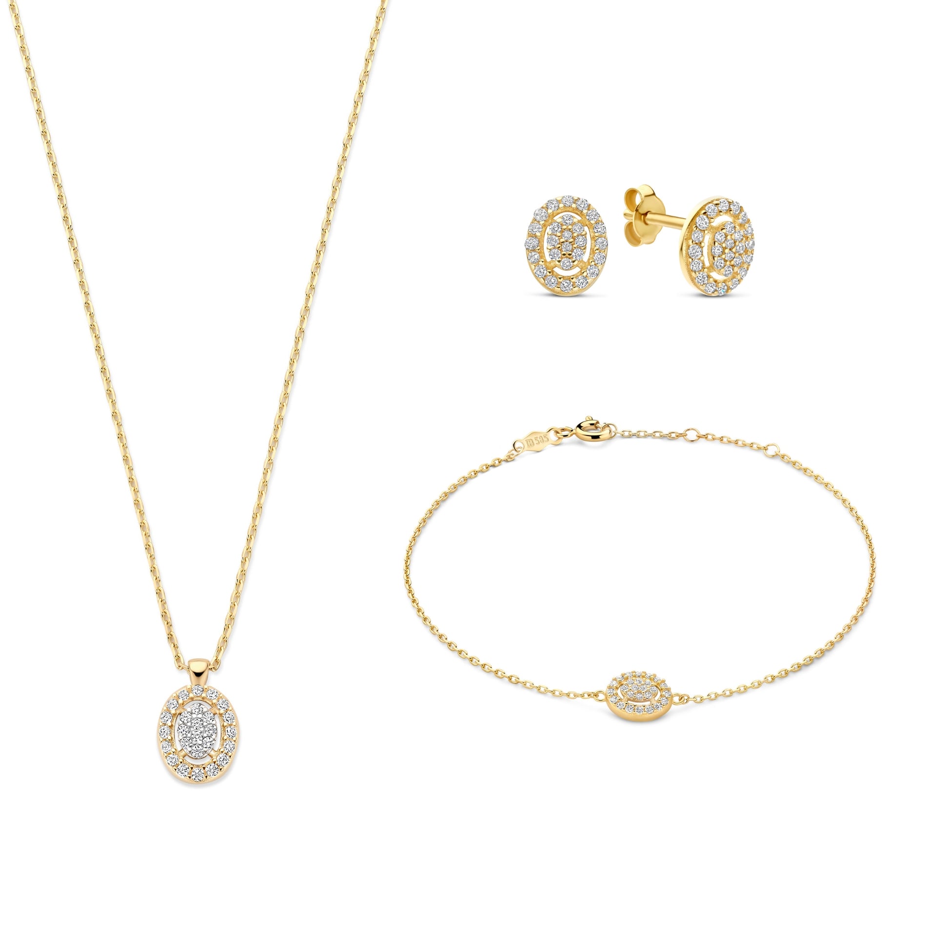 Cadeau d'Isabel 14 karat gold necklace, bracelet and ear studs set with zirconia stones - - Isabel Bernard