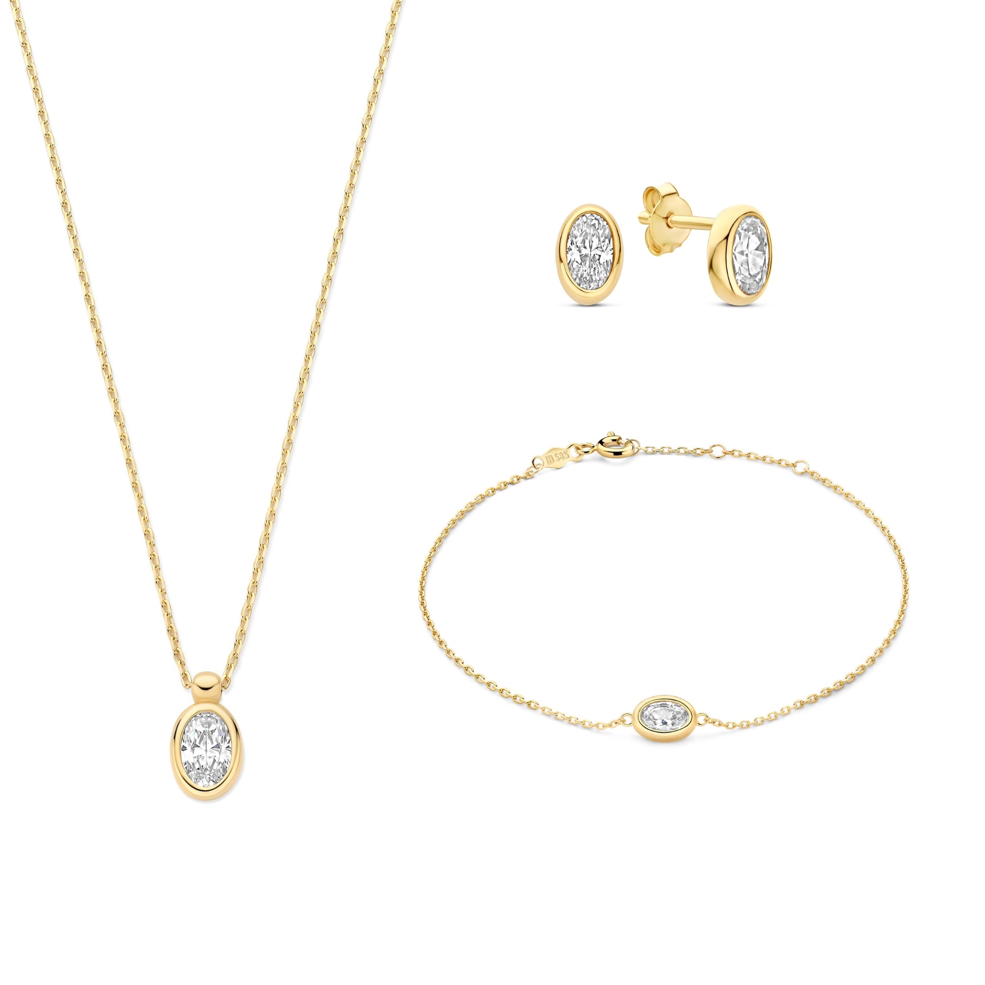 Cadeau d'Isabel 14 karat gold necklace, bracelet and ear studs set with zirconia stones - - Isabel Bernard