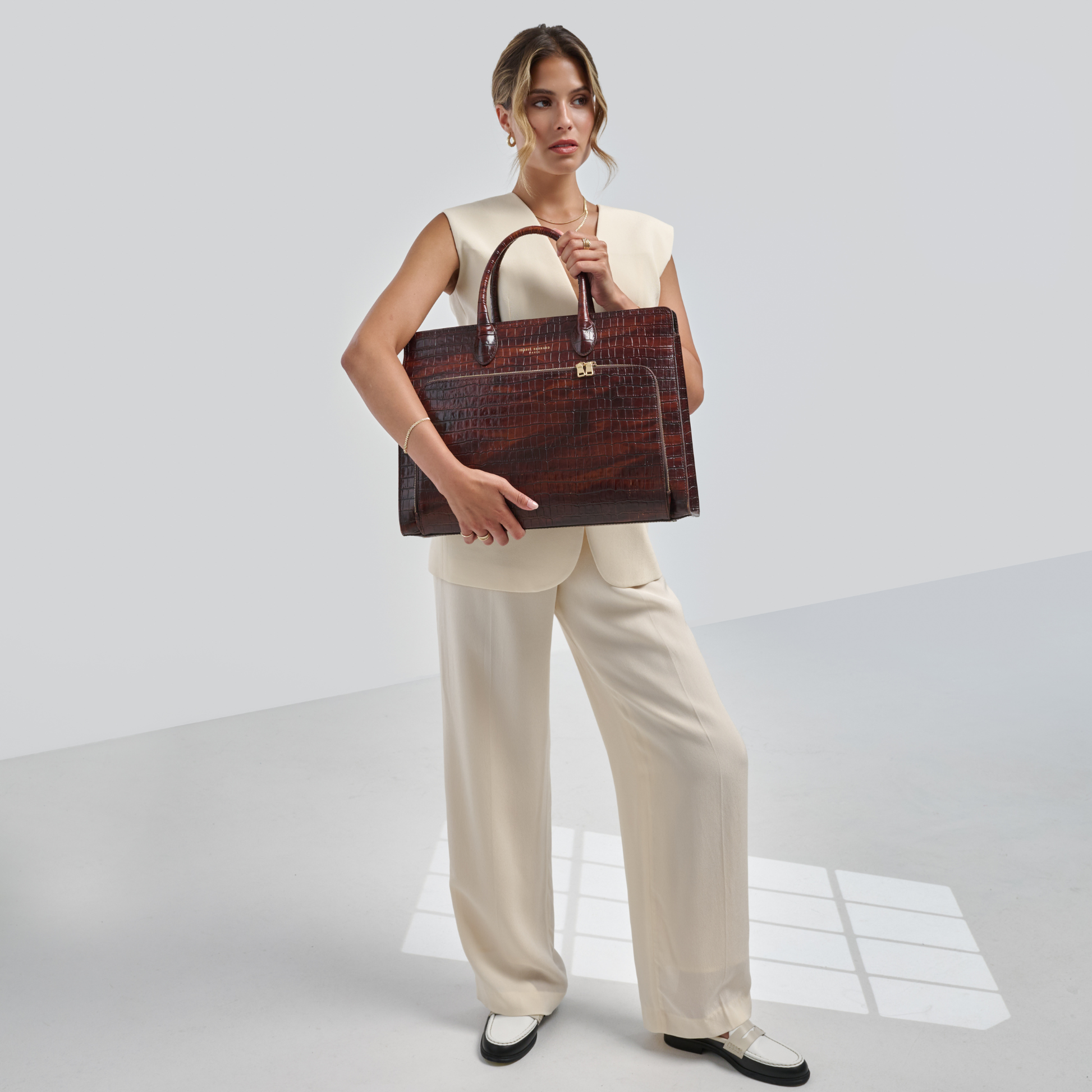 Honoré Nadine croco brown leather handbag with 16.4 inch laptop pocket - - Isabel Bernard