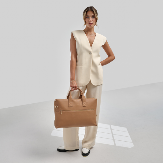 Honoré Anique camel calfskin leather handbag with 16.4 inch laptop pocket - - Isabel Bernard